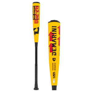 Two-angle view of a yellow and black baseball bat with THE GOODS, DEMARINI, and -10 printed on the barrels.