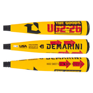 Three-panel view of a yellow baseball bat with black and red DeMarini branding, THE GOODS text, and HUGE SWEET SPOT graphic.