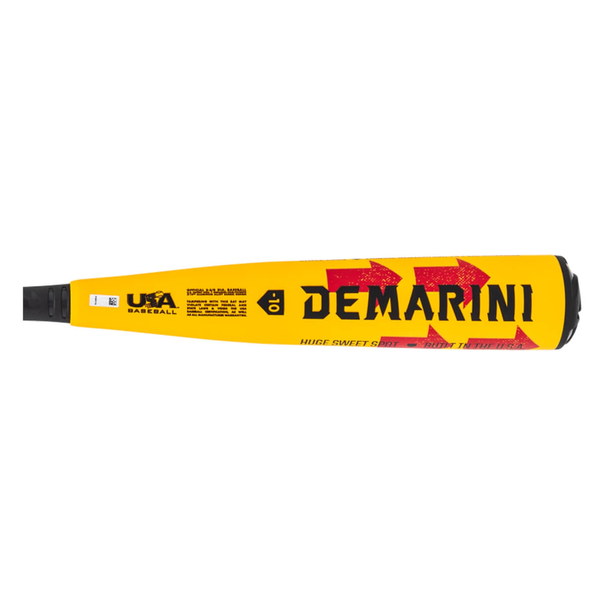 Side view of a yellow baseball bat with black DeMarini branding, red arrow graphics, and a black grip.
