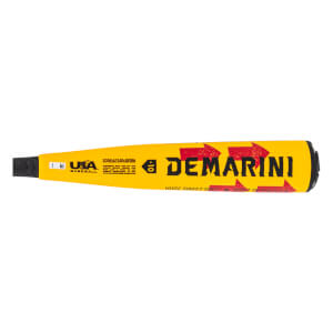 Side view of a yellow baseball bat with black DeMarini branding, red arrow graphics, and a black grip.