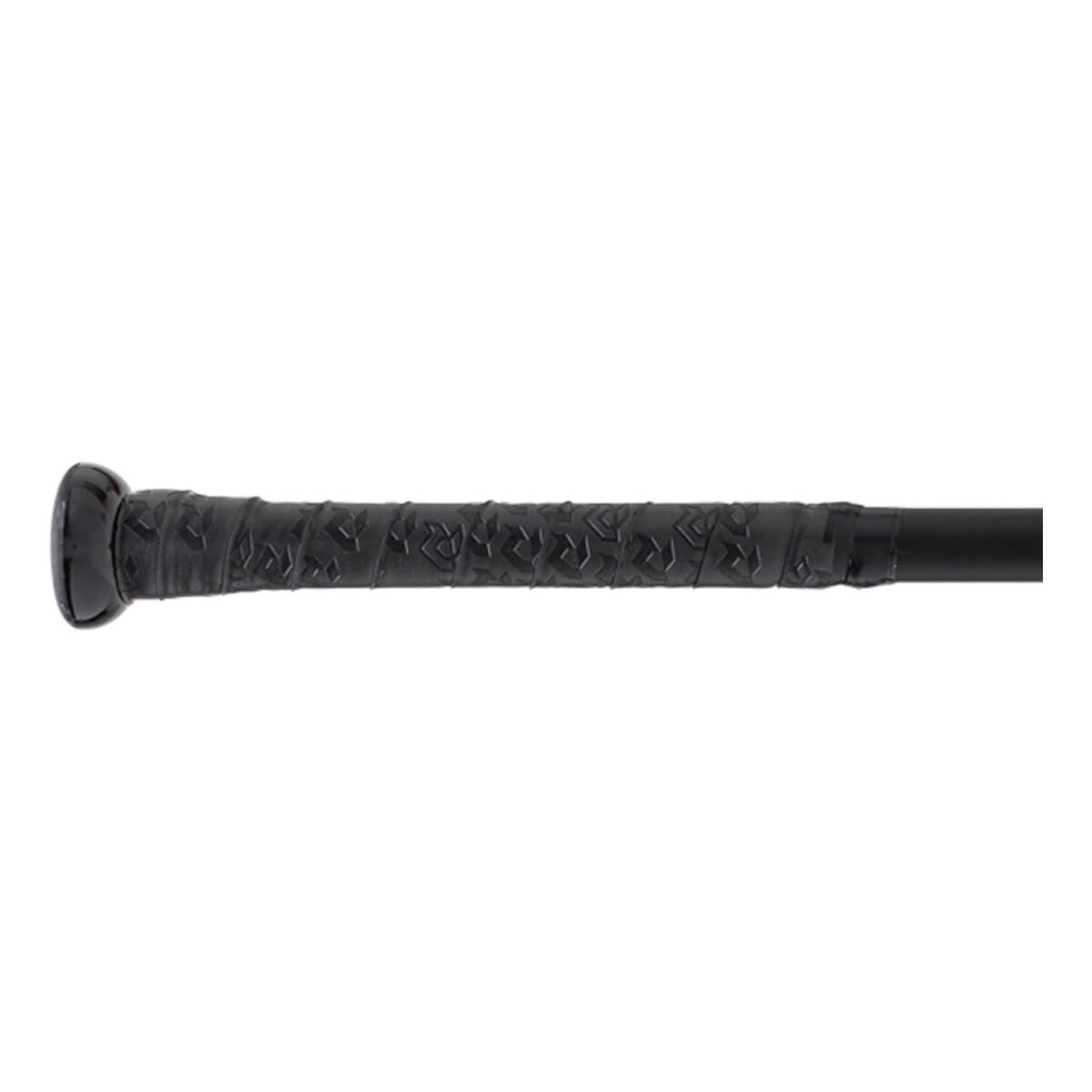 Close-up of a black baseball bat handle with a textured black grip featuring a repeating pattern and a rounded knob.