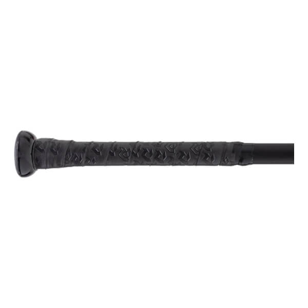 Close-up of a black baseball bat handle with a textured black grip featuring a repeating pattern and a rounded knob.