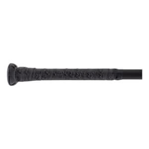 Close-up of a black baseball bat handle with a textured black grip featuring a repeating pattern and a rounded knob.