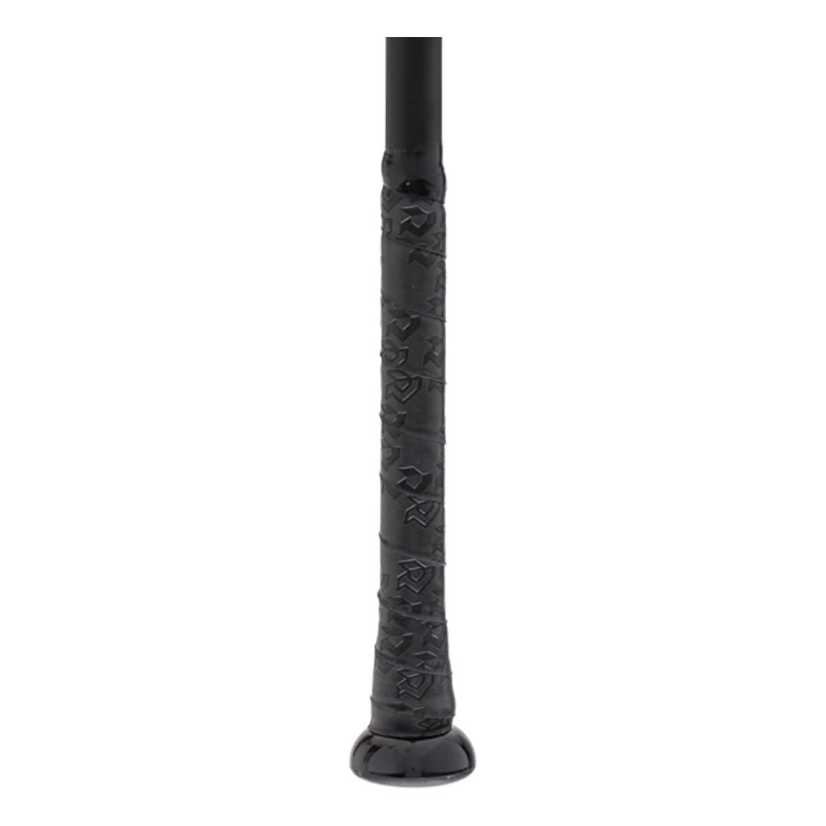 Close-up of a black baseball bat handle with a textured grip featuring an embossed pattern and a rounded knob.