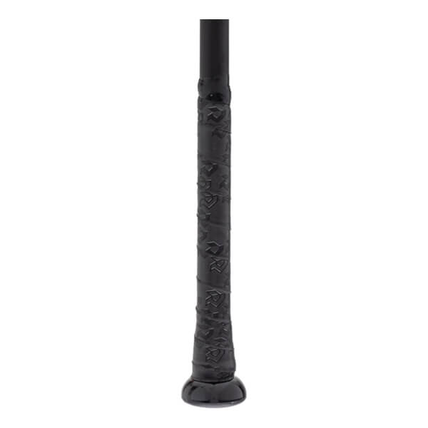 Close-up of a black baseball bat handle with a textured grip featuring an embossed pattern and a rounded knob.