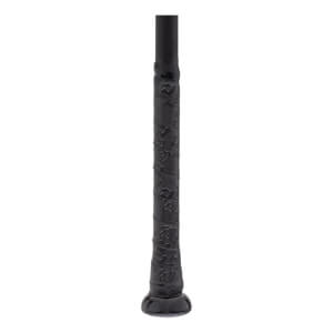 Close-up of a black baseball bat handle with a textured grip featuring an embossed pattern and a rounded knob.
