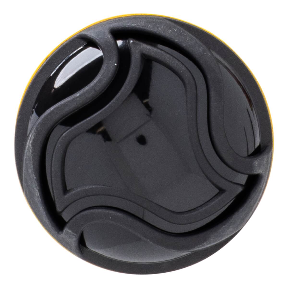 Top-down view of a black bat end cap with a yellow rim and a wavy, layered design.