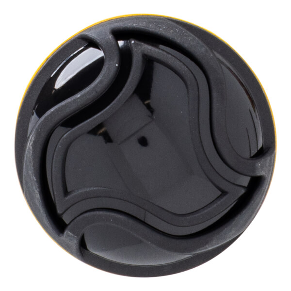 Top-down view of a black bat end cap with a yellow rim and a wavy, layered design.