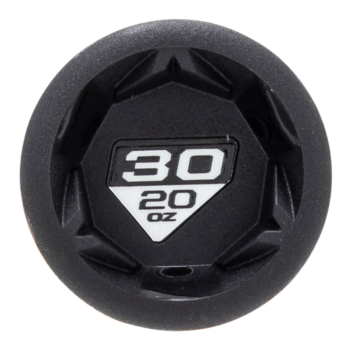 Top-down view of a black baseball bat end cap with a white label showing 30 20 oz and a faceted design.