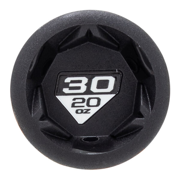 Top-down view of a black baseball bat end cap with a white label showing 30 20 oz and a faceted design.