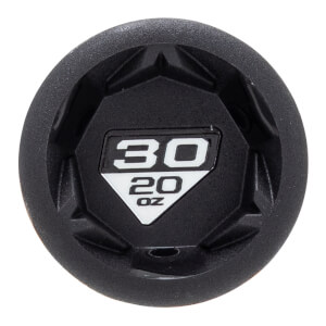 Top-down view of a black baseball bat end cap with a white label showing 30 20 oz and a faceted design.