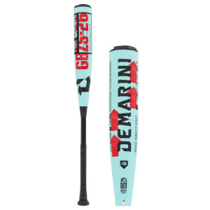 Composite view of a light blue baseball bat, showing full length and a close-up of the barrel with DEMARINI and THE GOODS text.