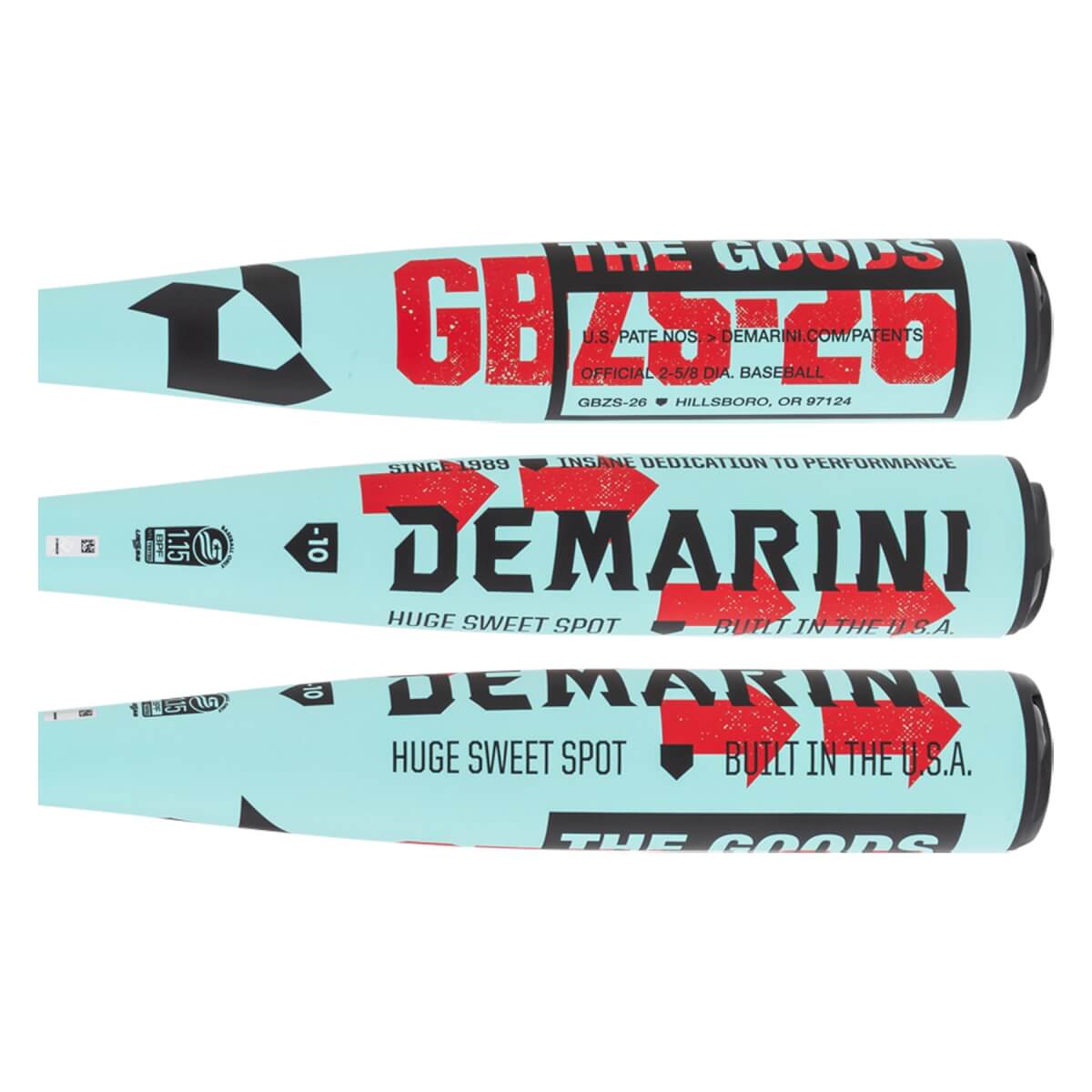 Full-length view of an aqua baseball bat with red THE GOODS and black DEMARINI branding, and a -10 weight drop.