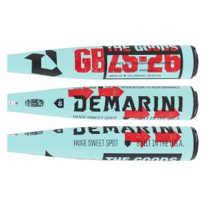 Full-length view of an aqua baseball bat with red THE GOODS and black DEMARINI branding, and a -10 weight drop.