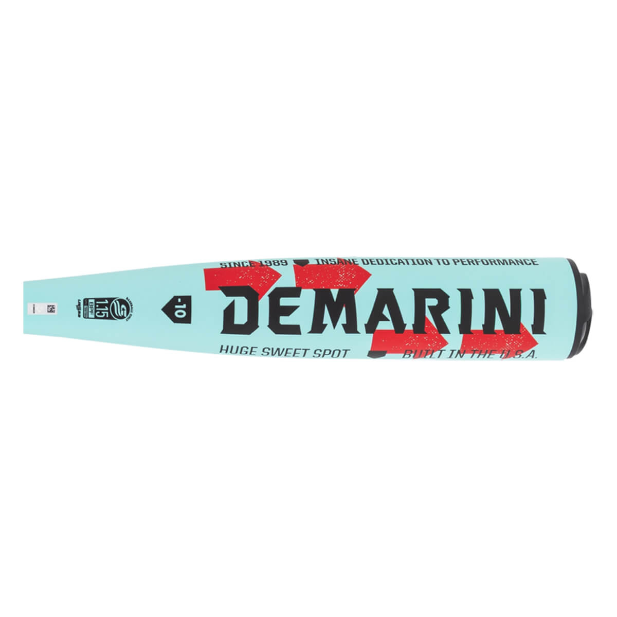 Side view of a light blue baseball bat with black DEMARINI text, red arrows, and a -10 weight drop label.