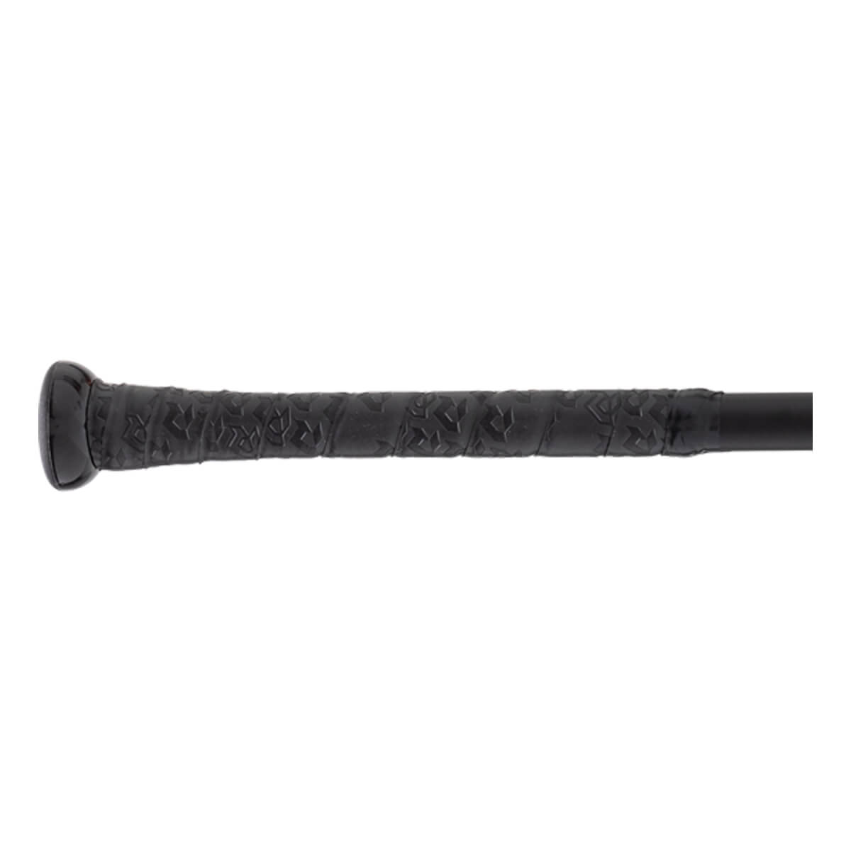 Close-up of a black baseball bat handle with an embossed grip tape featuring a repeating pattern and a visible knob.
