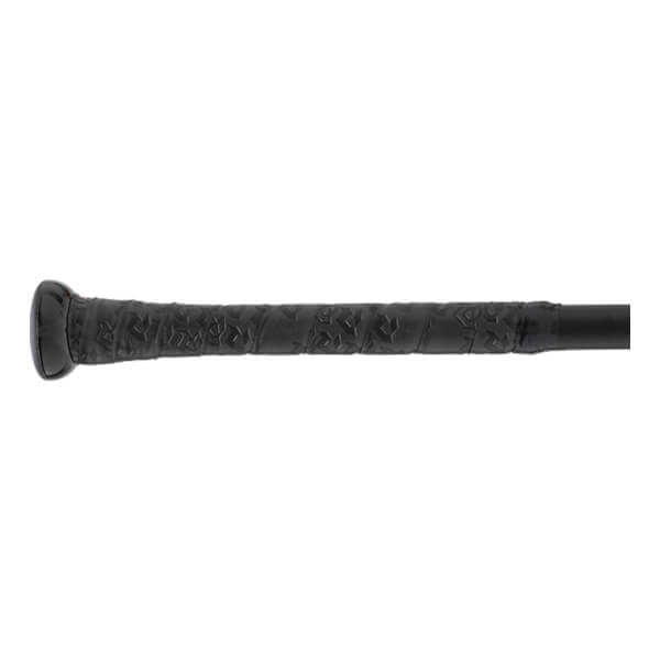 Close-up of a black baseball bat handle with an embossed grip tape featuring a repeating pattern and a visible knob.