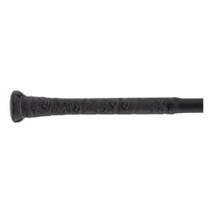 Close-up of a black baseball bat handle with an embossed grip tape featuring a repeating pattern and a visible knob.