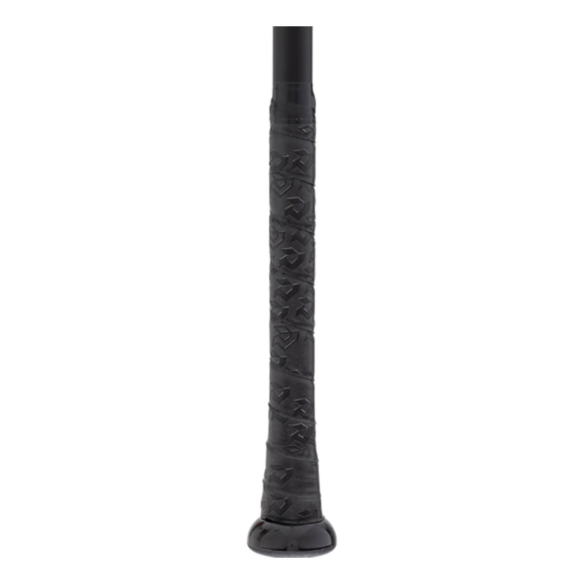 Close-up of a black baseball bat handle with a textured grip featuring embossed patterns and a black knob.
