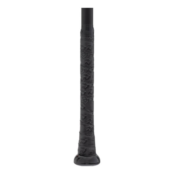 Close-up of a black baseball bat handle with a textured grip featuring embossed patterns and a black knob.