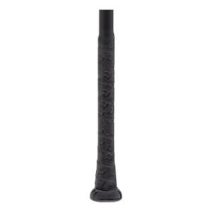 Close-up of a black baseball bat handle with a textured grip featuring embossed patterns and a black knob.
