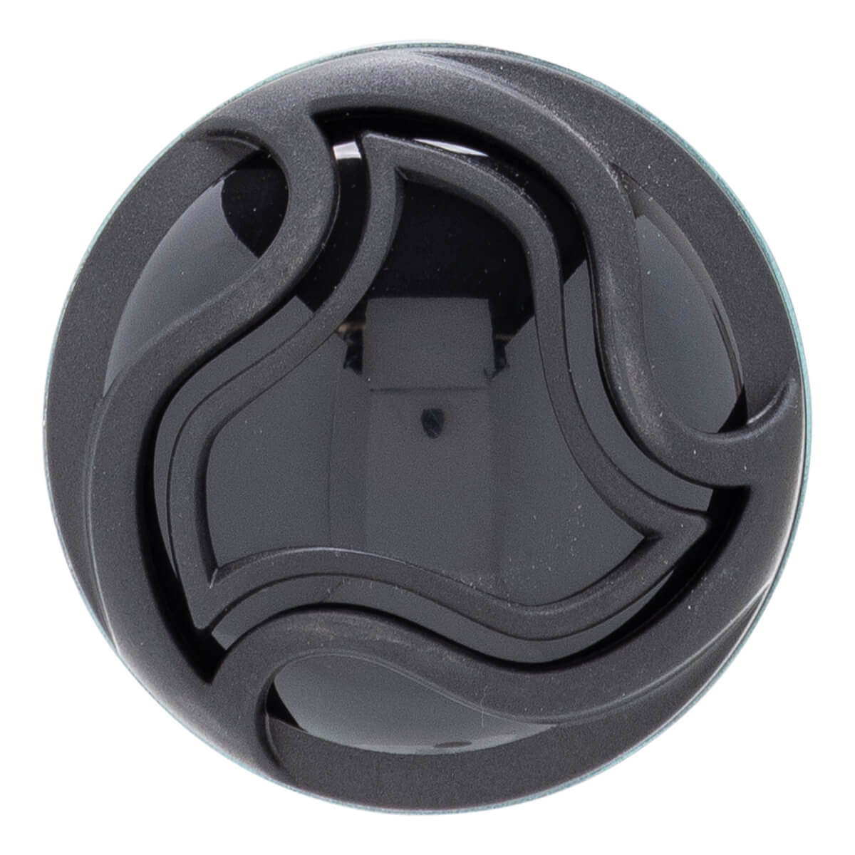 Top-down view of a black baseball bat end cap with a swirling, layered design and a dark green rim.
