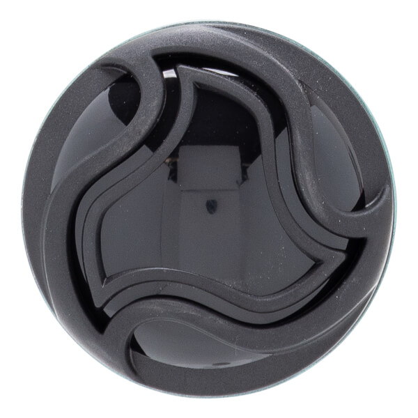 Top-down view of a black baseball bat end cap with a swirling, layered design and a dark green rim.