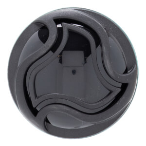 Top-down view of a black baseball bat end cap with a swirling, layered design and a dark green rim.