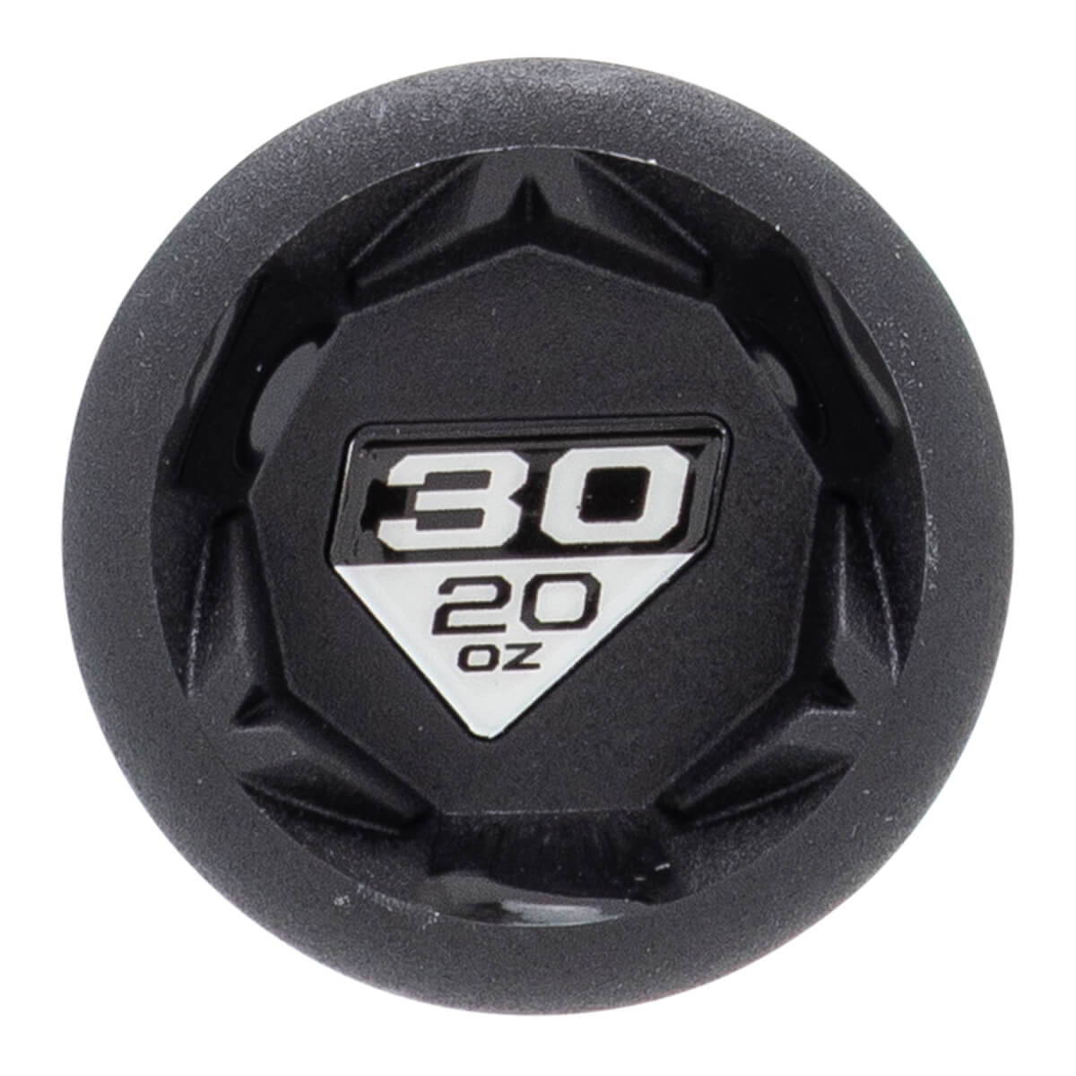 Top-down view of a black baseball bat end cap with a hexagonal design and a central label showing 30 20 OZ.