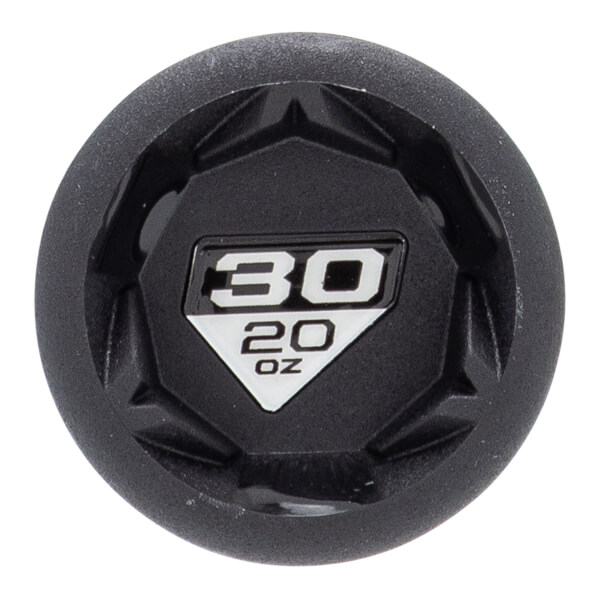 Top-down view of a black baseball bat end cap with a hexagonal design and a central label showing 30 20 OZ.