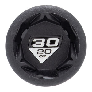 Top-down view of a black baseball bat end cap with a hexagonal design and a central label showing 30 20 OZ.