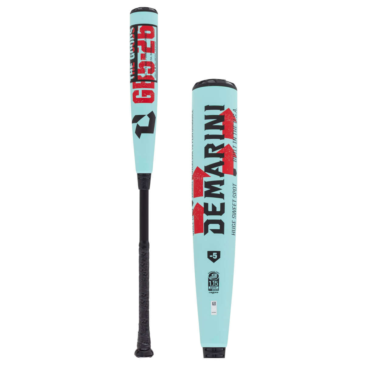Upright view and barrel close-up of a light blue DeMarini The Goods baseball bat with red text and black grip.
