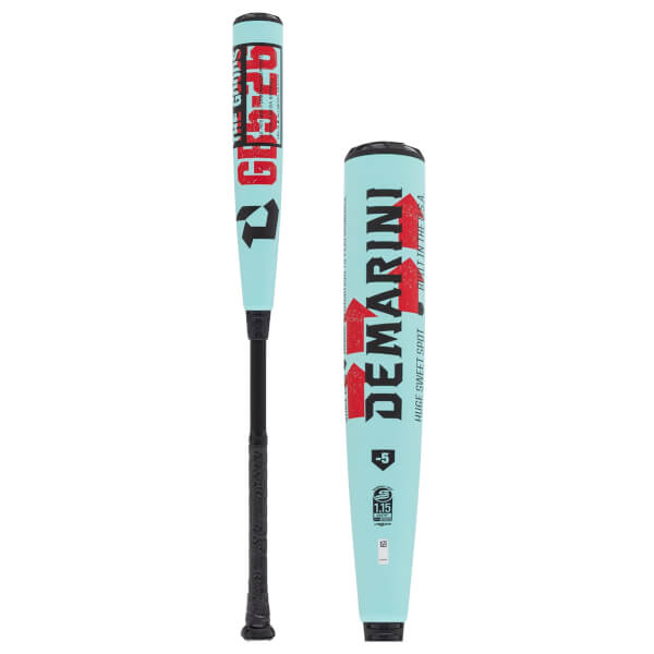 Upright view and barrel close-up of a light blue DeMarini The Goods baseball bat with red text and black grip.