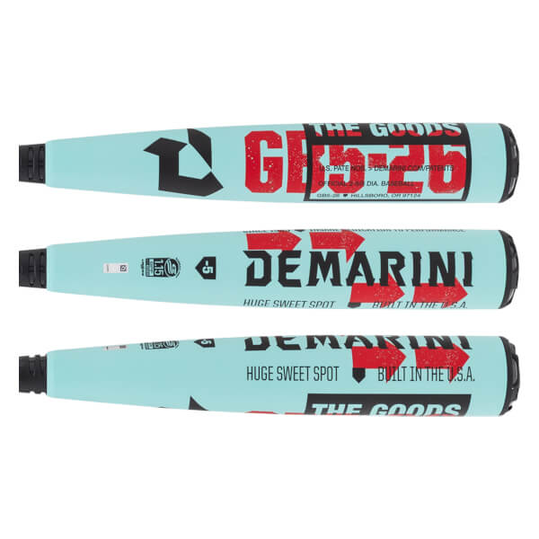 Three views of a light blue baseball bat with red DEMARINI text, arrow graphics, and THE GOODS branding.