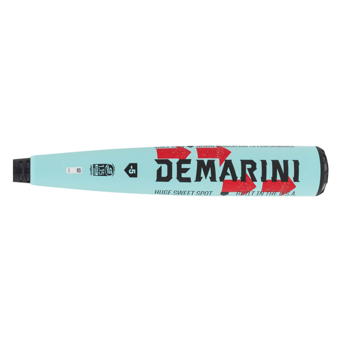 Side view of a teal baseball bat with DeMarini in black and red, -5 drop weight, and HUGE SWEET SPOT text.