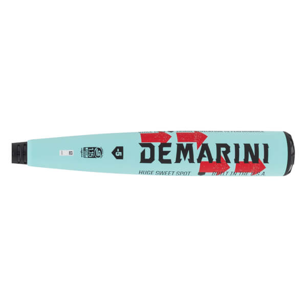 Side view of a teal baseball bat with DeMarini in black and red, -5 drop weight, and HUGE SWEET SPOT text.
