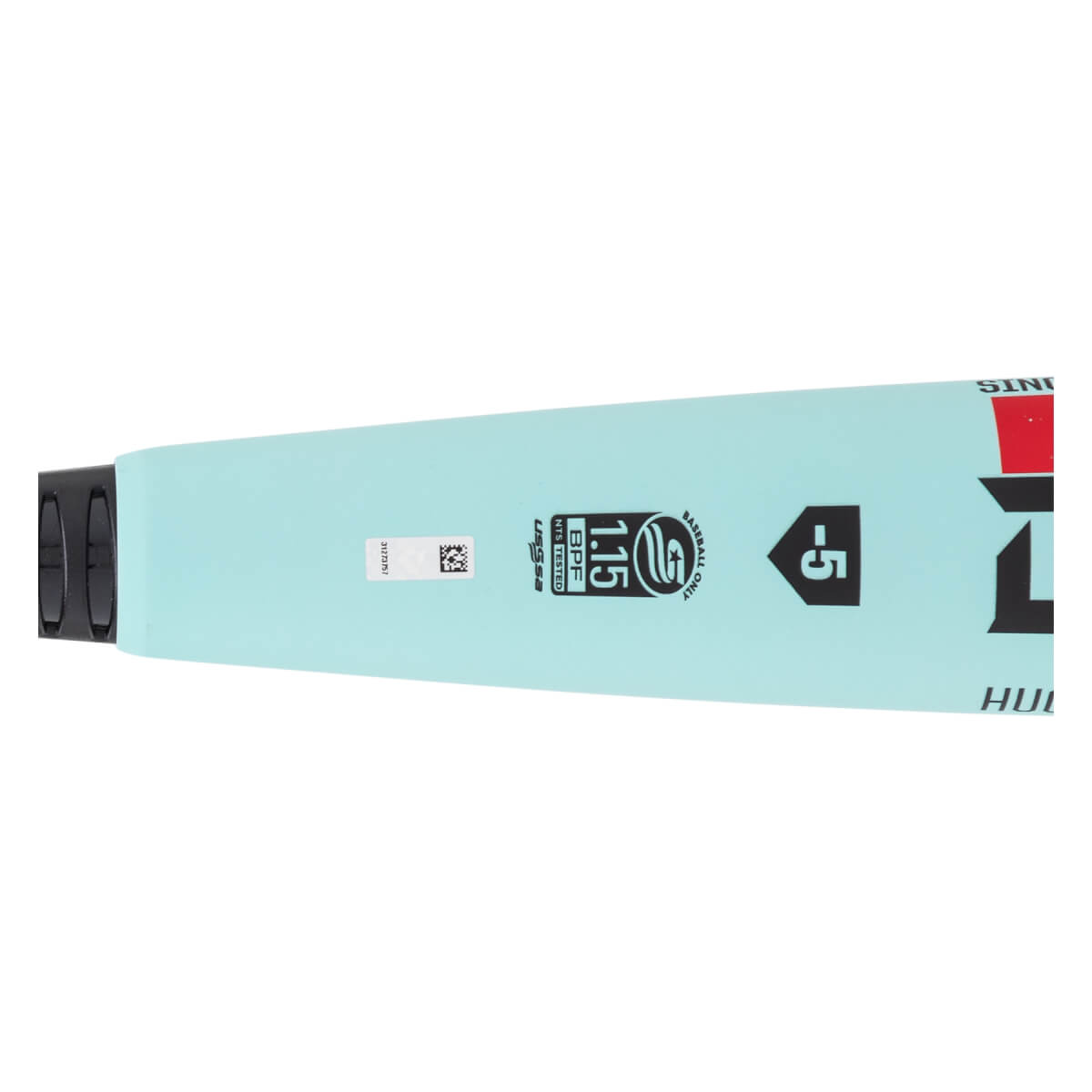 Close-up side view of a light blue baseball bat showing the black handle, USSSA 1.15 BPF stamp, and -5 weight drop.