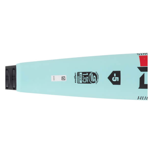 Close-up side view of a light blue baseball bat showing the black handle, USSSA 1.15 BPF stamp, and -5 weight drop.