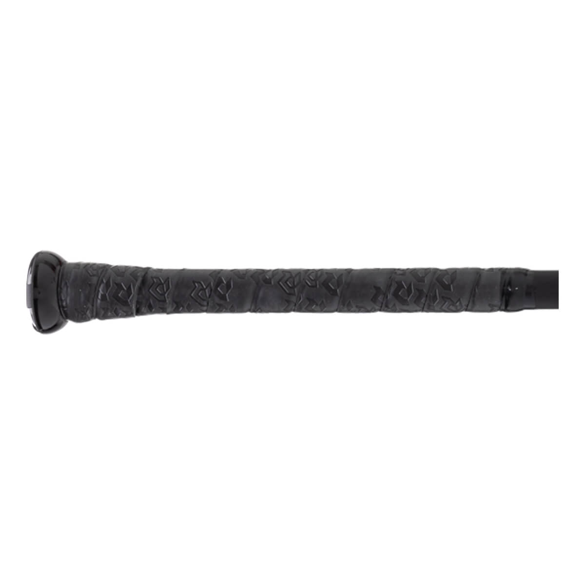 Close-up side view of a black baseball bat handle with textured grip tape and a black knob.