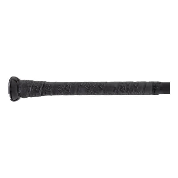 Close-up side view of a black baseball bat handle with textured grip tape and a black knob.