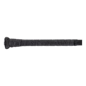 Close-up side view of a black baseball bat handle with textured grip tape and a black knob.