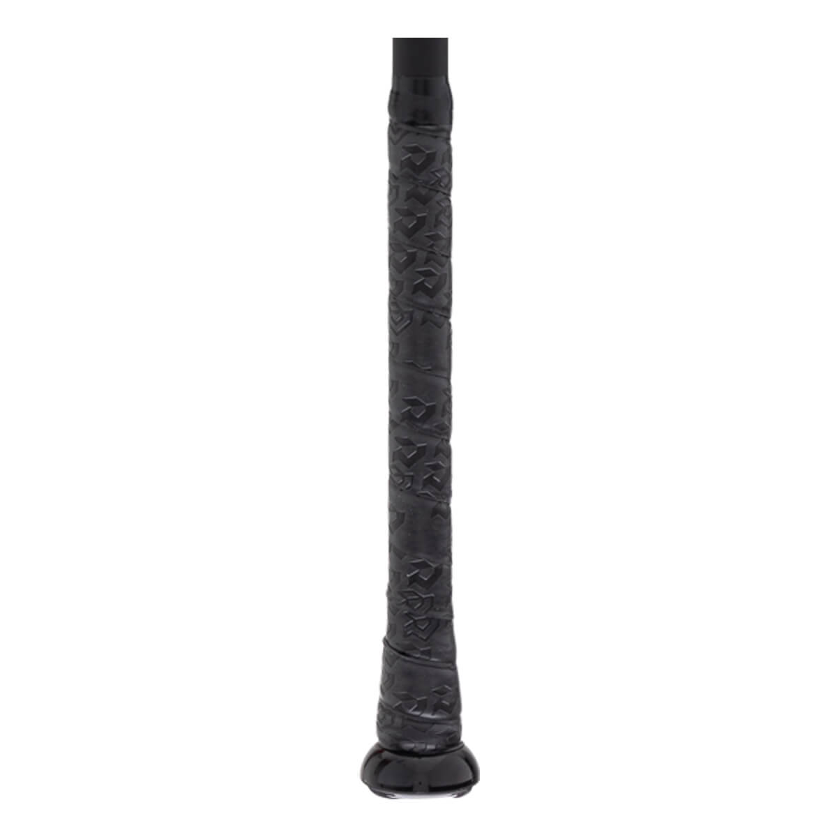 Close-up of a black baseball bat handle with a patterned grip texture and a prominent knob.
