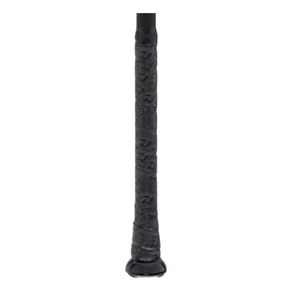 Close-up of a black baseball bat handle with a patterned grip texture and a prominent knob.