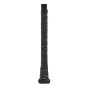 Close-up of a black baseball bat handle with a patterned grip texture and a prominent knob.