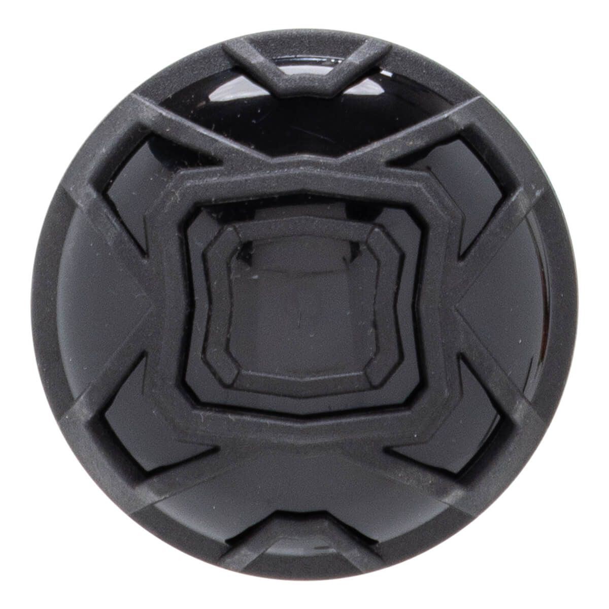 Top-down view of a black baseball bat end cap with a textured geometric pattern and glossy central square.