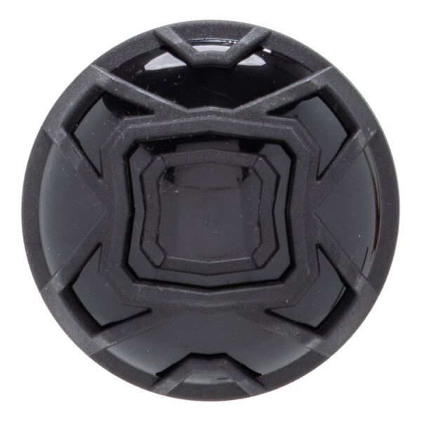 Top-down view of a black baseball bat end cap with a textured geometric pattern and glossy central square.
