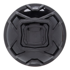Top-down view of a black baseball bat end cap with a textured geometric pattern and glossy central square.