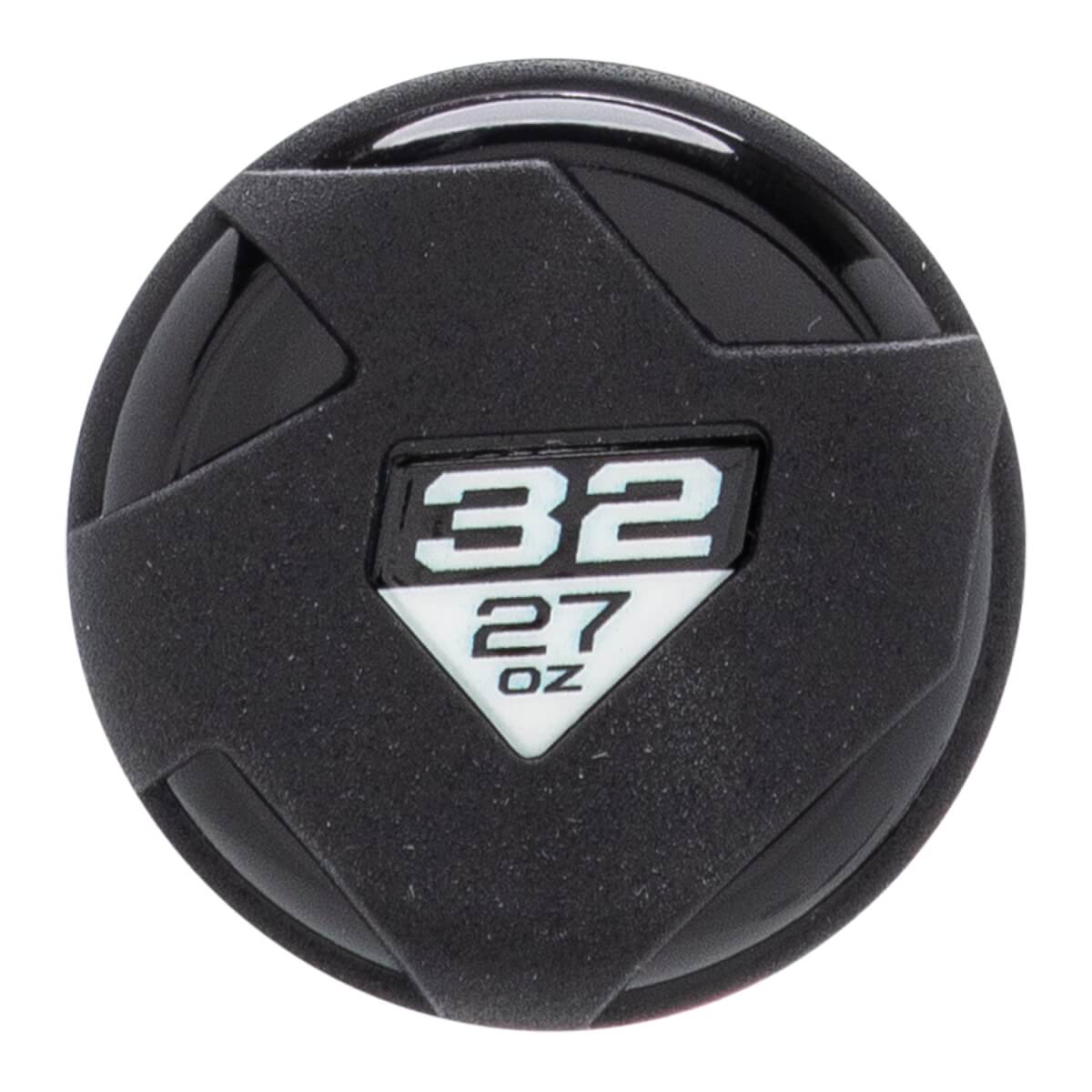 Close-up of a black baseball bat end cap with a textured pattern, glossy sections, and a white label showing 32 and 27 OZ.