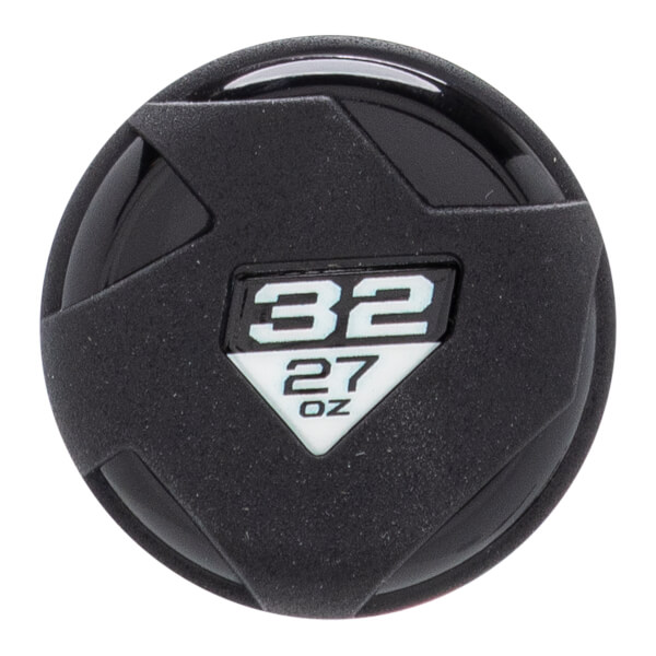 Close-up of a black baseball bat end cap with a textured pattern, glossy sections, and a white label showing 32 and 27 OZ.