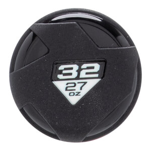 Close-up of a black baseball bat end cap with a textured pattern, glossy sections, and a white label showing 32 and 27 OZ.